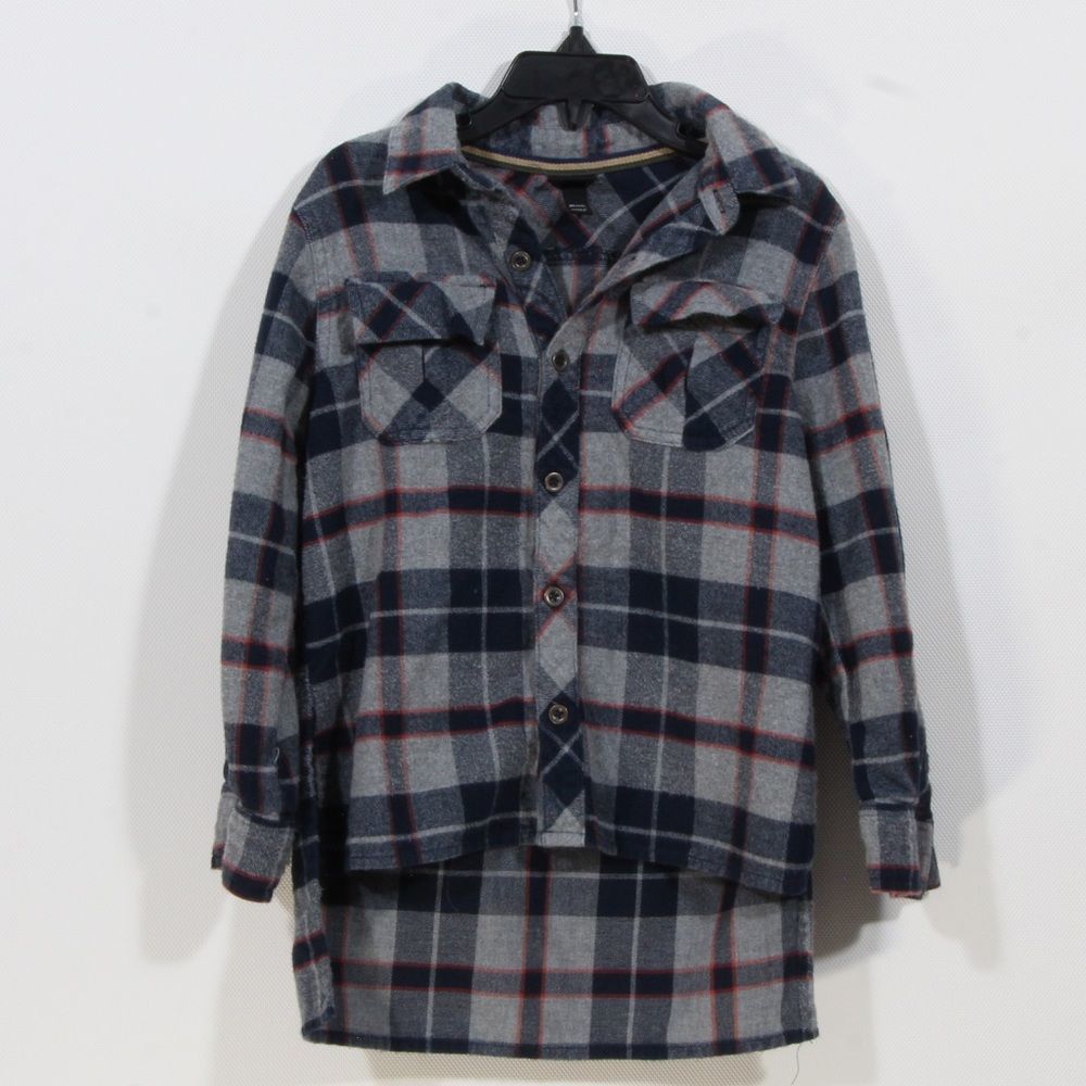 Art Class Kids Blue Gray Plaid High Low Flannel Long Sleeve Shirt Size XS (4/5)